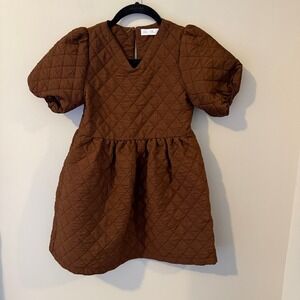 Zara Quilted Puffer Dress Brown Puff Sleeve V-Neck Kids Size 8 CM 128
